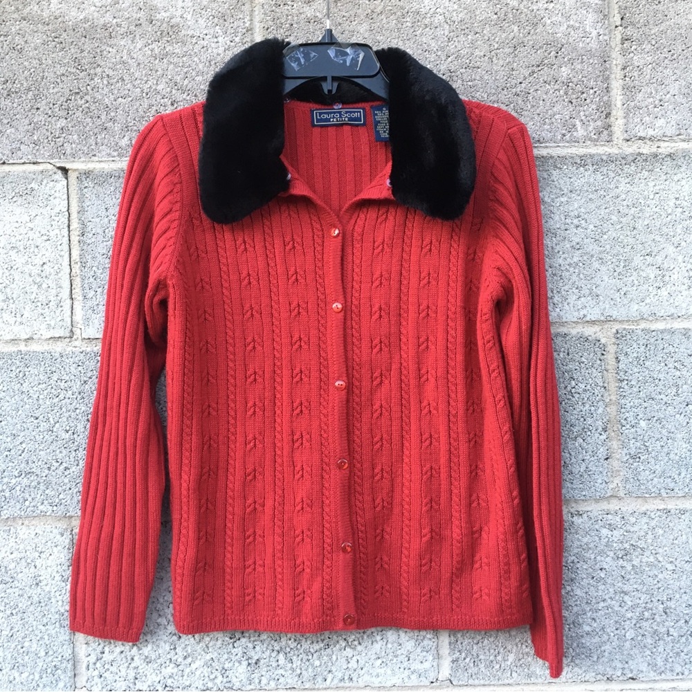 Laura Scott Vibrant Red Cardigan with Plush Black Collar